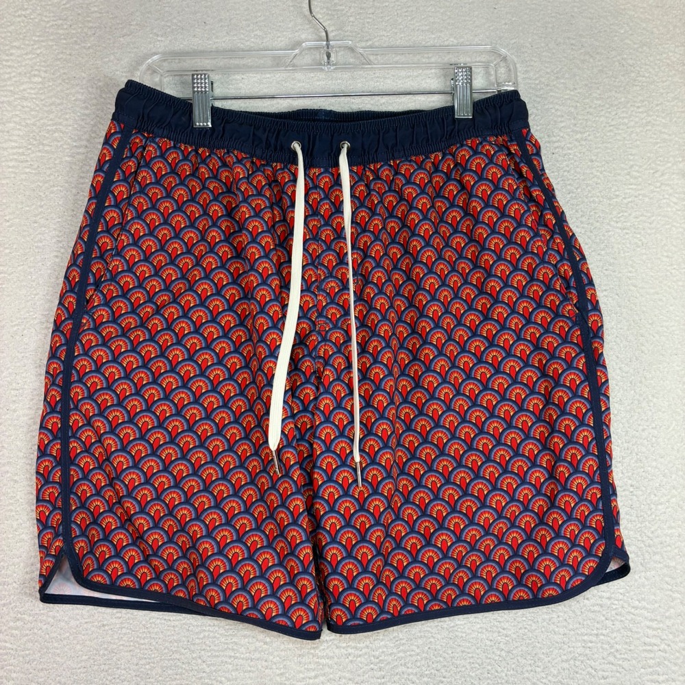 Fair Harbor The Anchor Swim Shorts Men M Red AOP Lined Geometric Stretch Summer